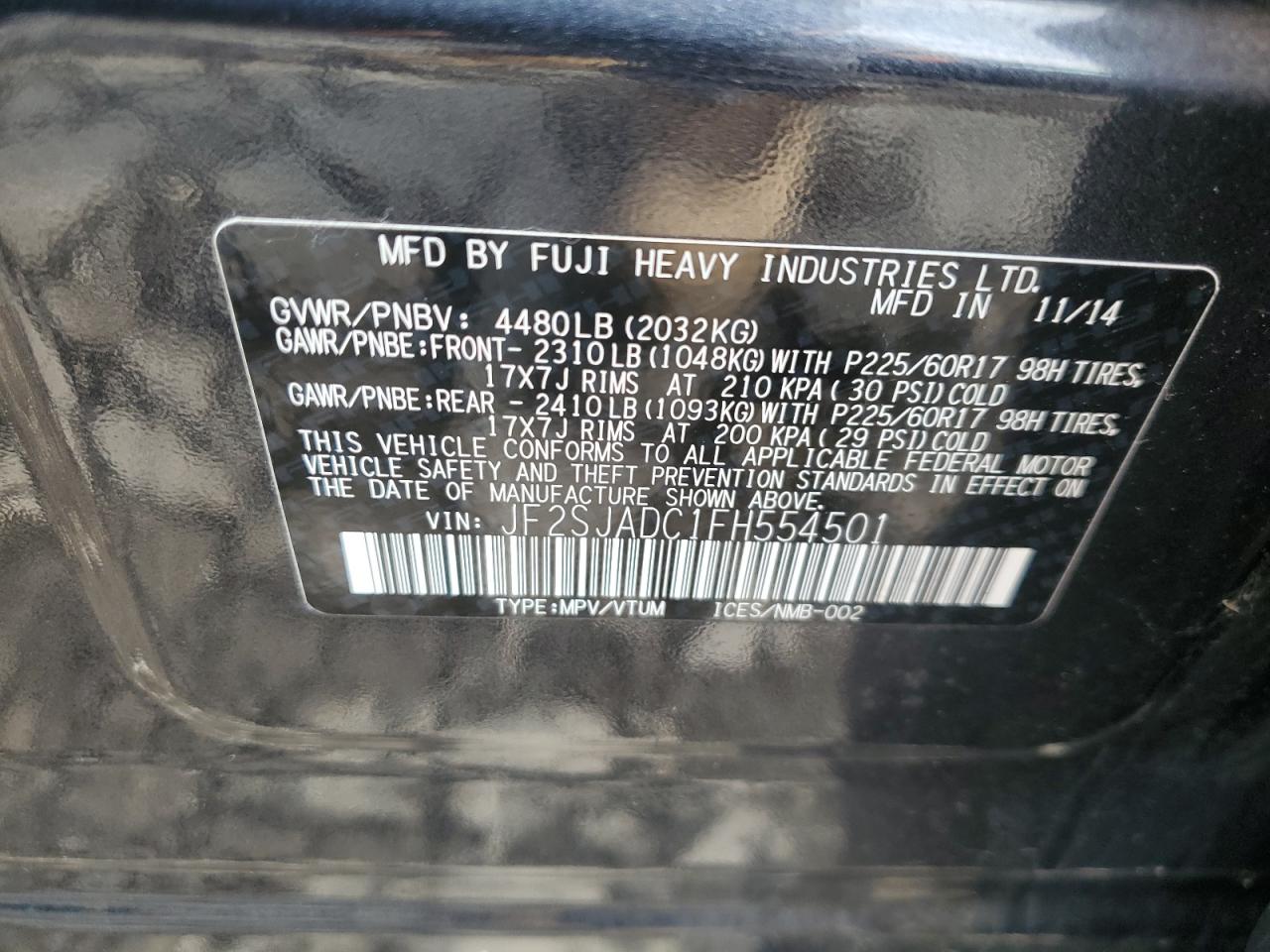 2015 Subaru Forester 2.5I Premium VIN: JF2SJADC1FH554501 Lot: 69306395