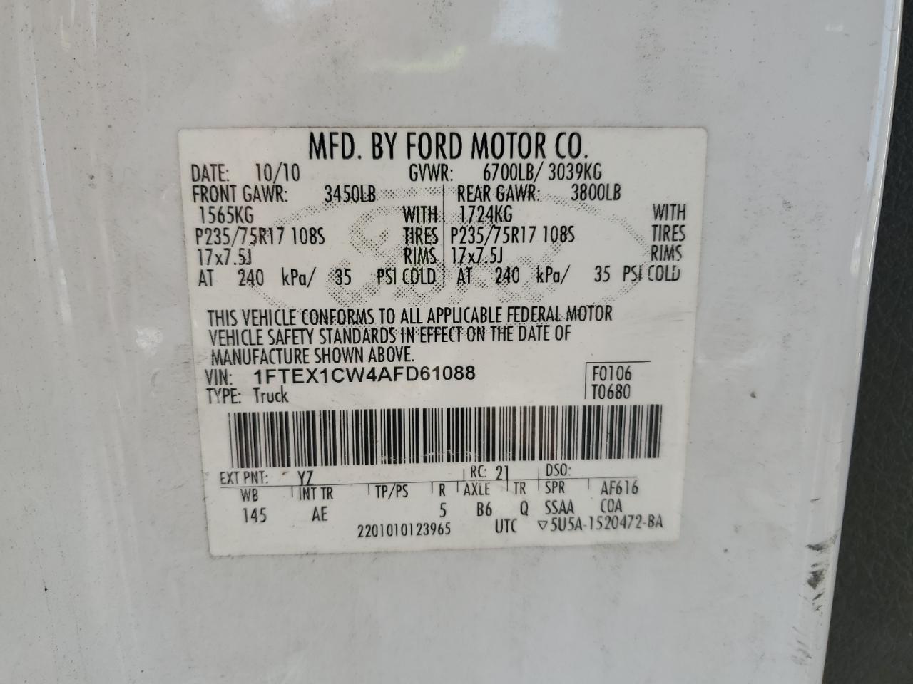 2010 Ford F-150 Xl Supercab 14 VIN: 1FTEX1CW4AFD61088 Lot: 70625175