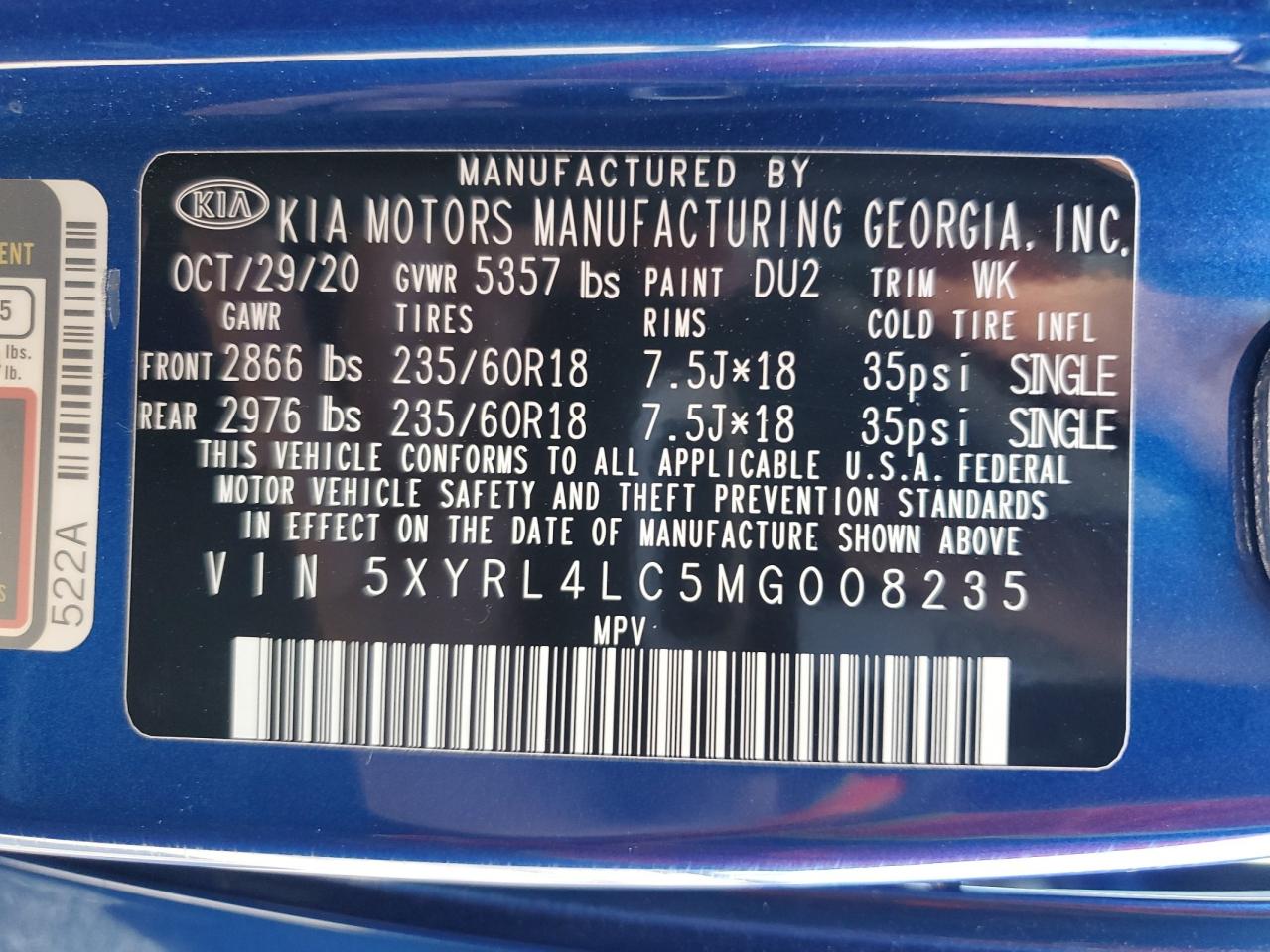 2021 Kia Sorento S VIN: 5XYRL4LC5MG008235 Lot: 69293585