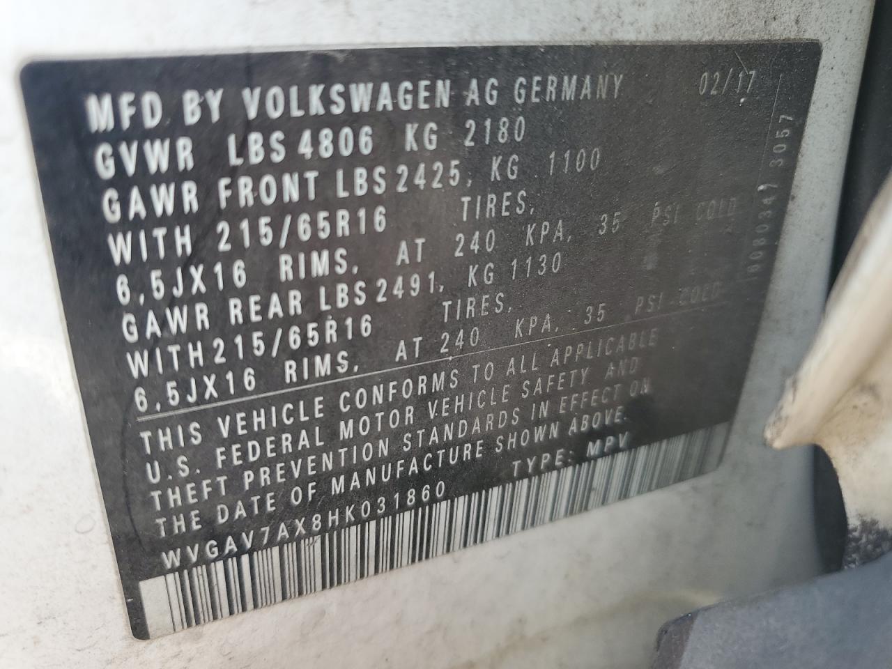2017 Volkswagen Tiguan S VIN: WVGAV7AX8HK031860 Lot: 70430525