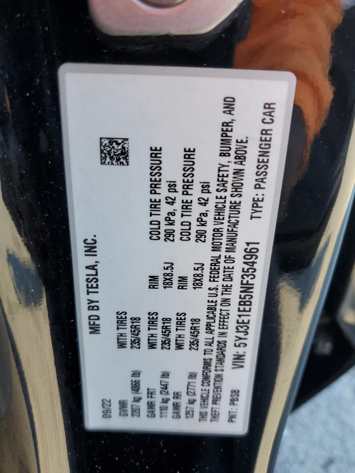 2022 Tesla Model 3 VIN: 5YJ3E1EB5NF354961 Lot: 70673235