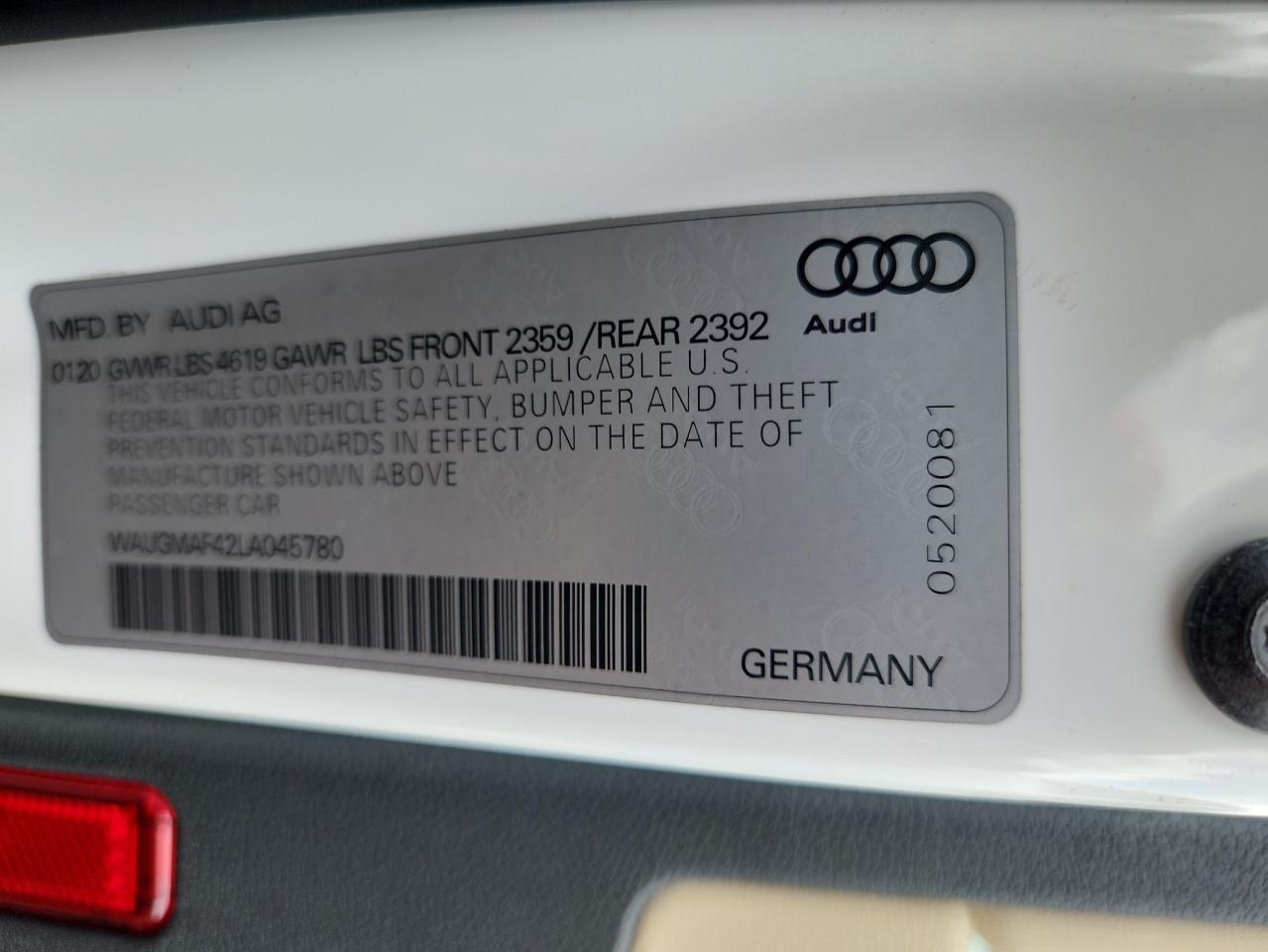 2020 Audi A4 Premium VIN: WAUGMAF42LA045780 Lot: 70036855