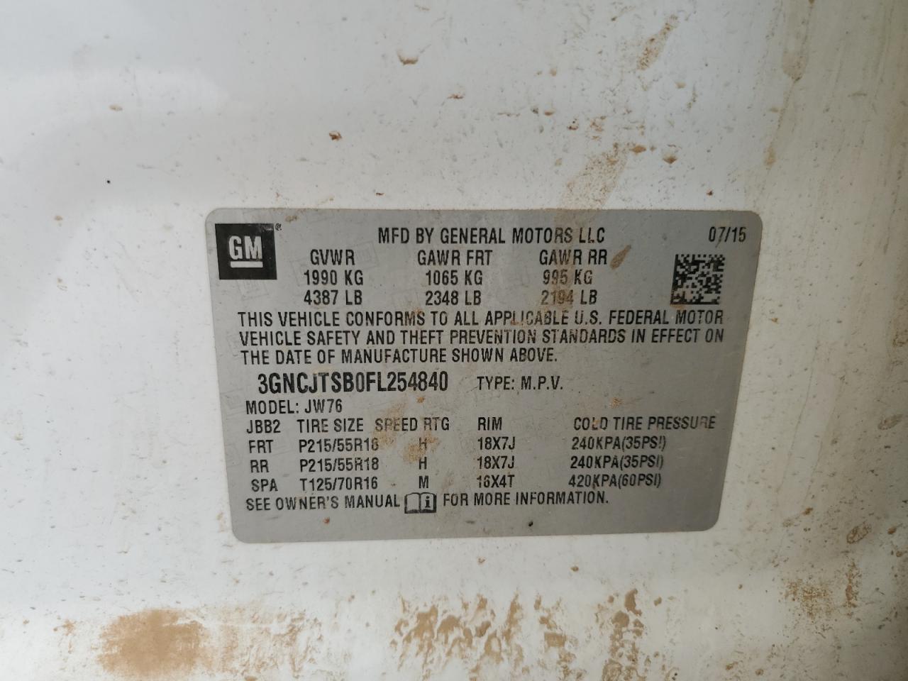 2015 Chevrolet Trax Ltz VIN: 3GNCJTSB0FL254840 Lot: 69604785