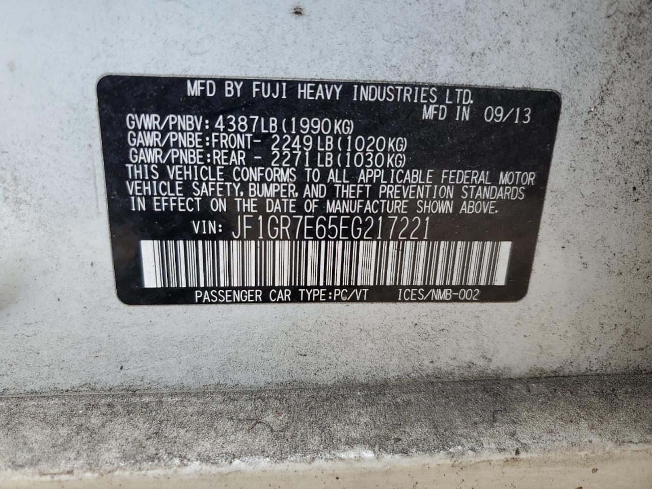 2014 Subaru Impreza Wrx VIN: JF1GR7E65EG217221 Lot: 69834935