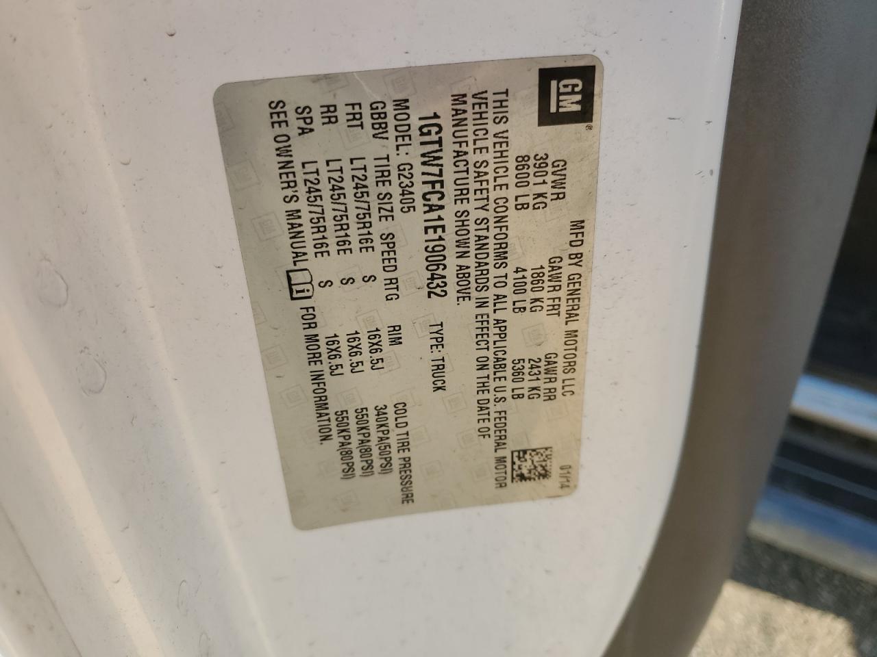 2014 GMC Savana G2500 VIN: 1GTW7FCA1E1906432 Lot: 69593375