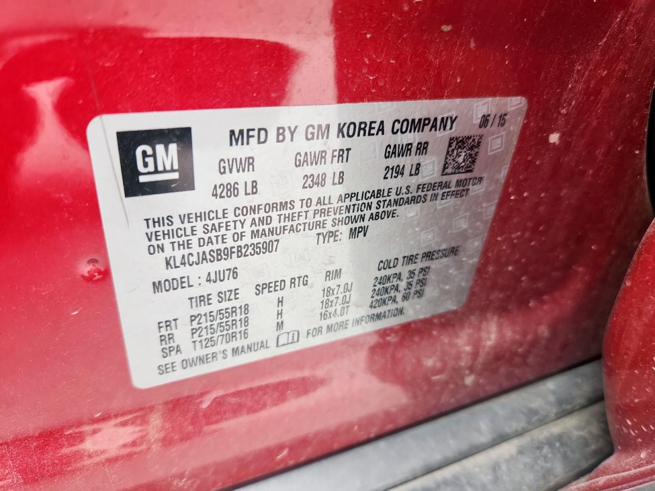 2015 Buick Encore VIN: KL4CJASB9FB235907 Lot: 65015845