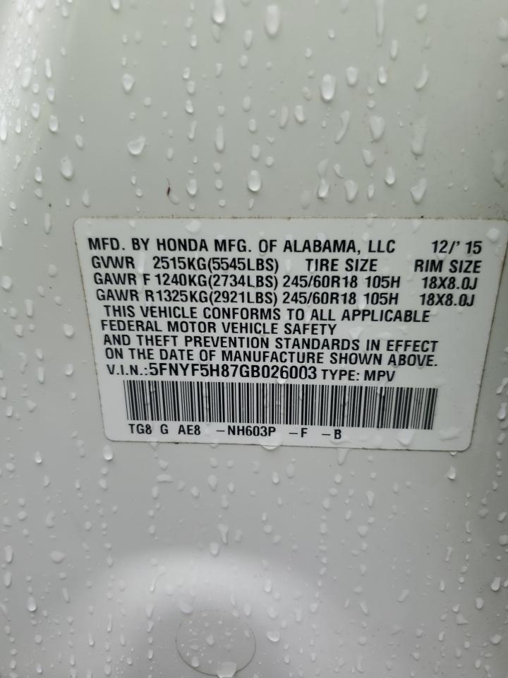 2016 Honda Pilot Exl VIN: 5FNYF5H87GB026003 Lot: 67470295