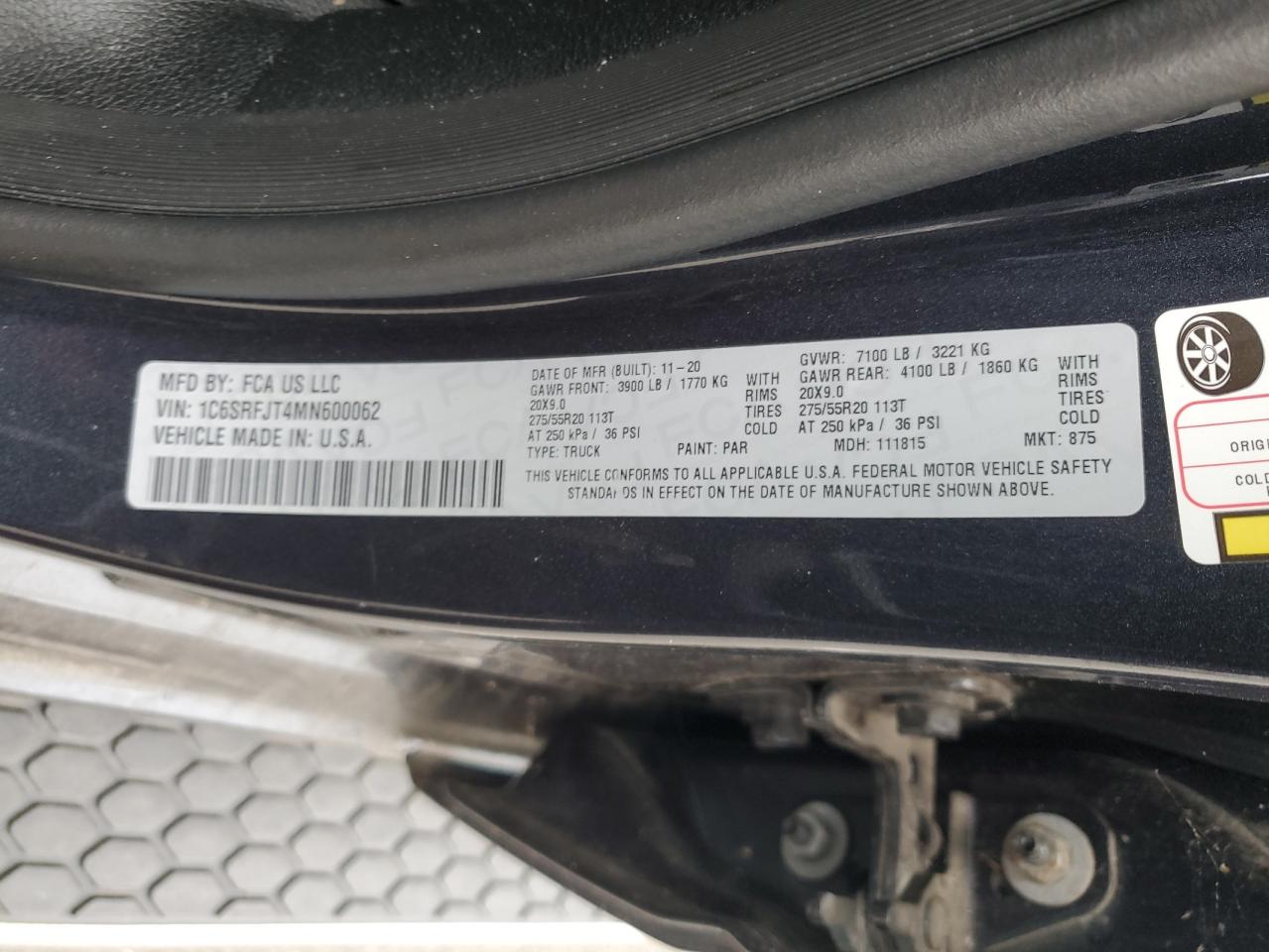 2021 Ram 1500 Laramie VIN: 1C6SRFJT4MN600062 Lot: 67427555