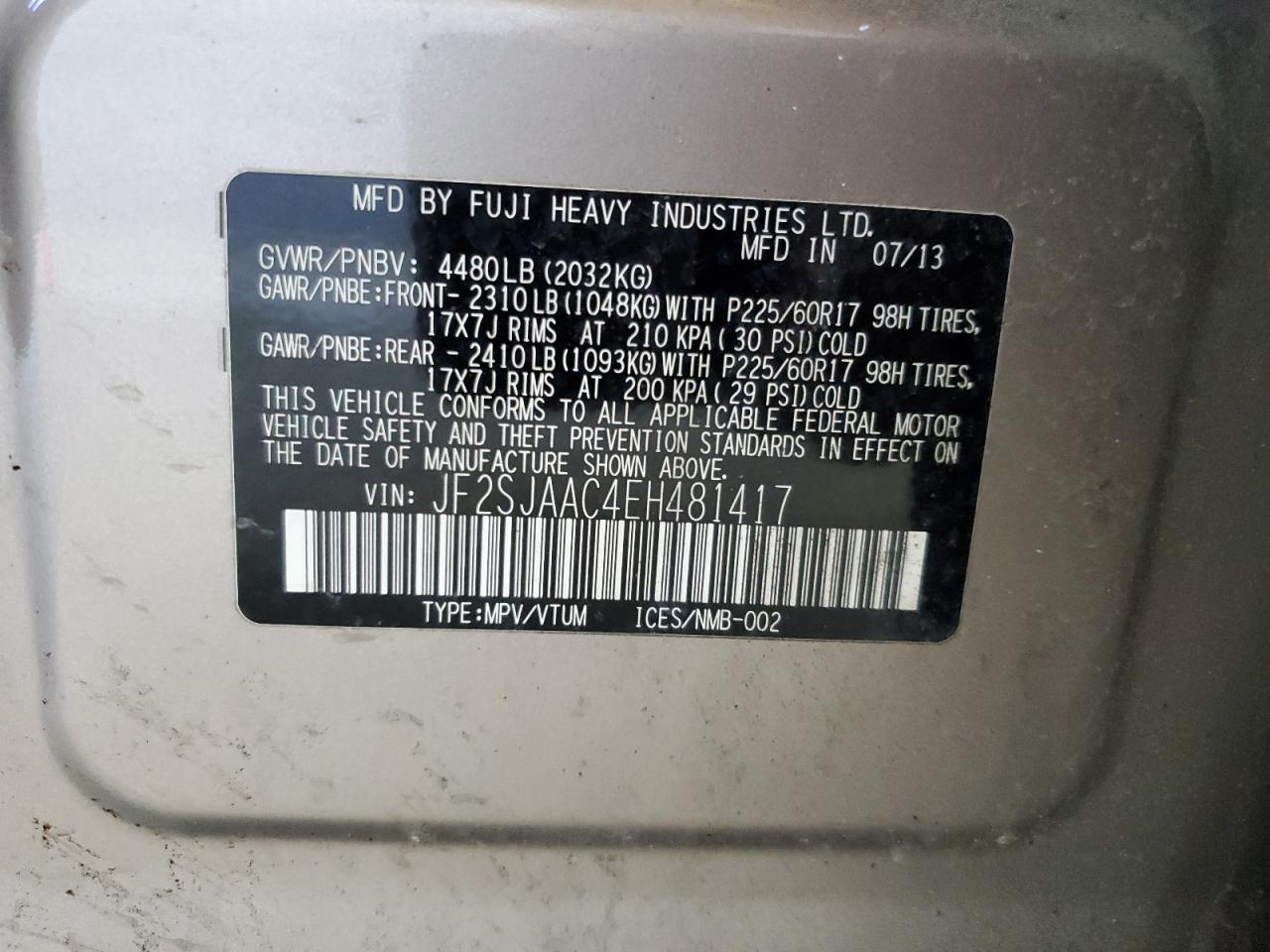 2014 Subaru Forester 2.5I VIN: JF2SJAAC4EH481417 Lot: 69874765