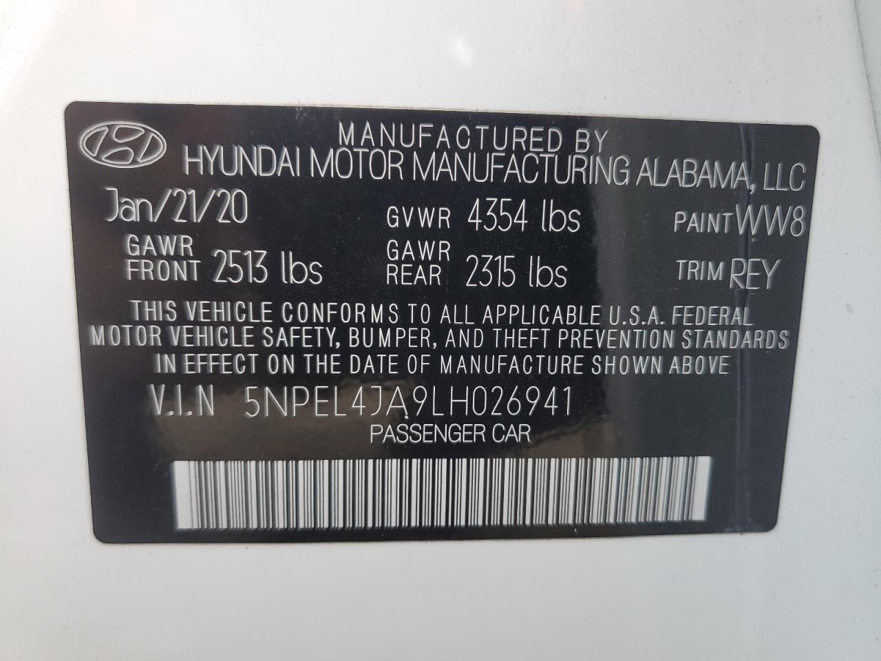 2020 Hyundai Sonata Sel VIN: 5NPEL4JA9LH026941 Lot: 70570265