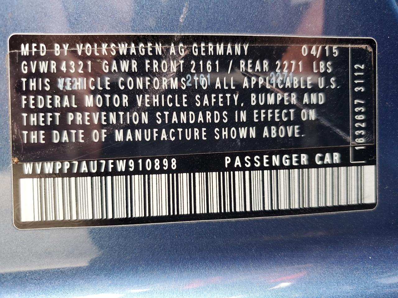 2015 Volkswagen E-Golf Sel Premium VIN: WVWPP7AU7FW910898 Lot: 68788355