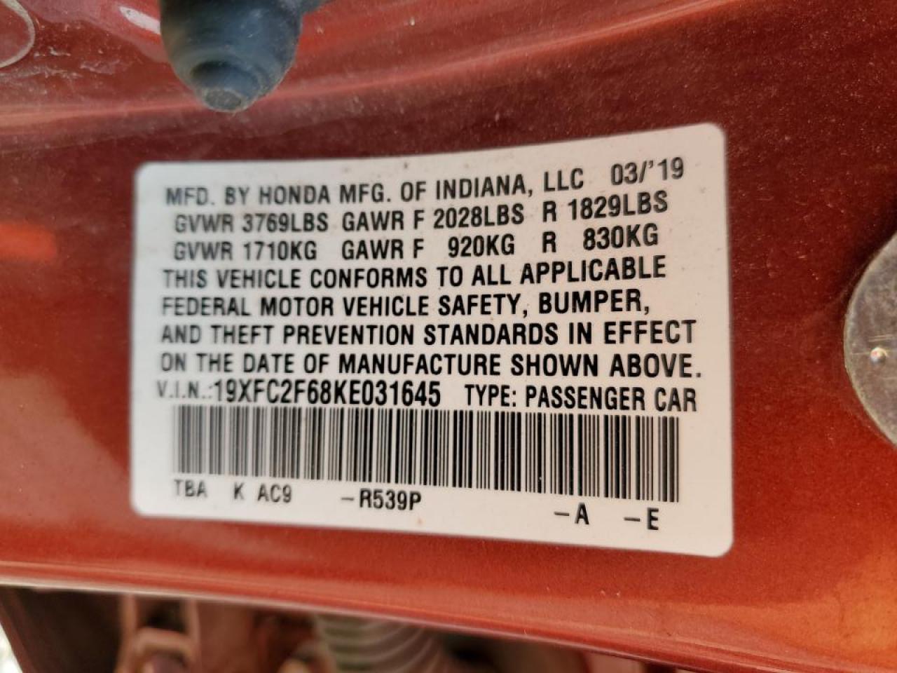 2019 Honda Civic Lx VIN: 19XFC2F68KE031645 Lot: 65552525