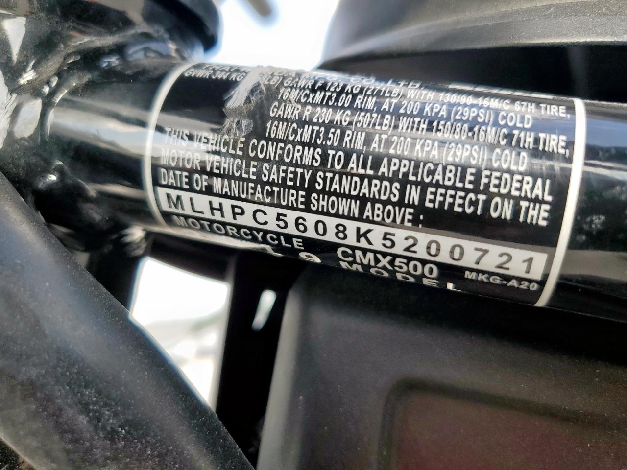 2019 Honda Cmx500 VIN: MLHPC5608K5200721 Lot: 70217165