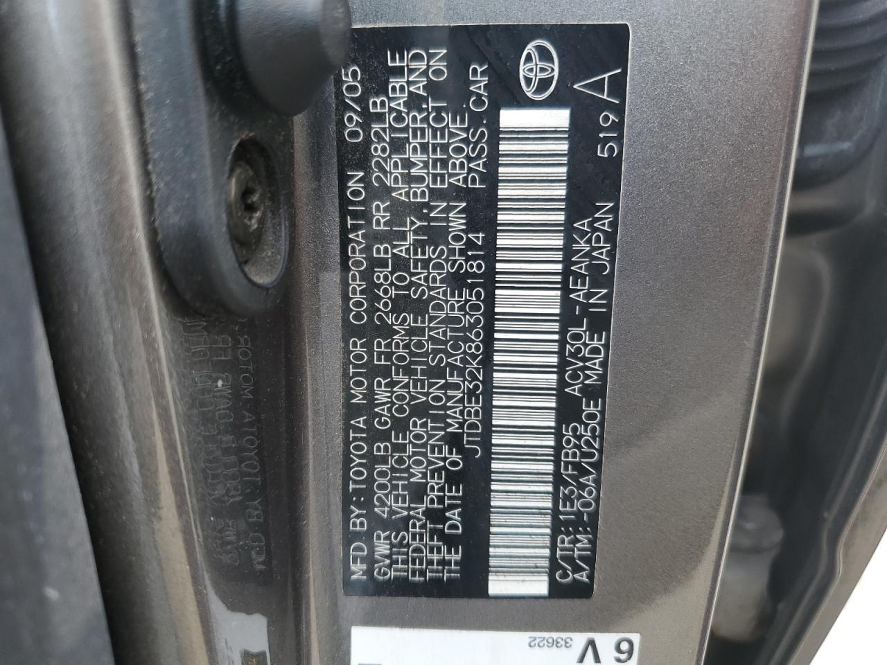 JTDBE32K863051814 2006 Toyota Camry Le