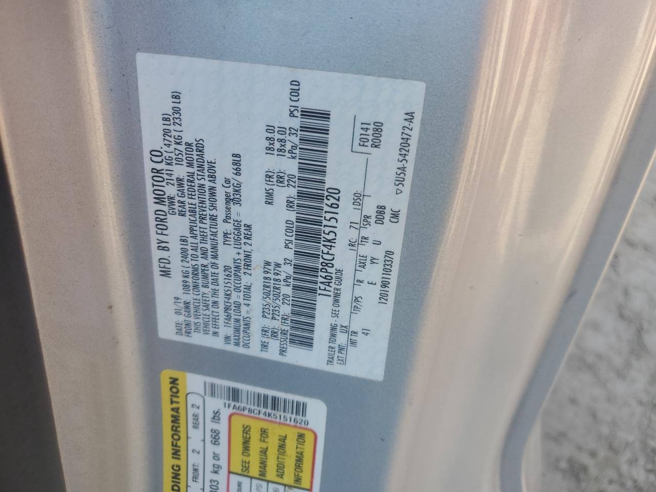 2019 Ford Mustang Gt VIN: 1FA6P8CF4K5151620 Lot: 67135265