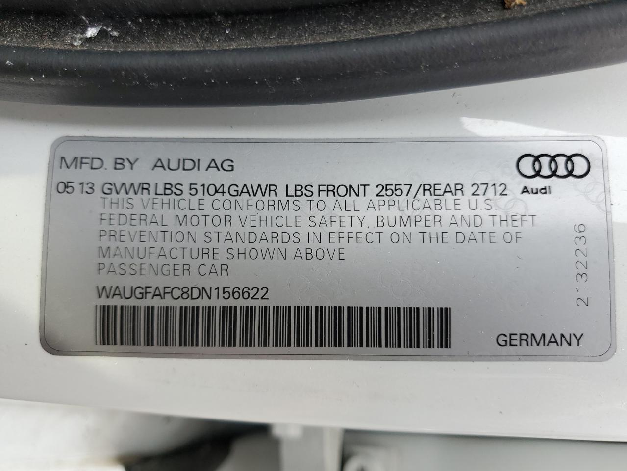 2013 Audi A6 Premium Plus VIN: WAUGFAFC8DN156622 Lot: 67078135