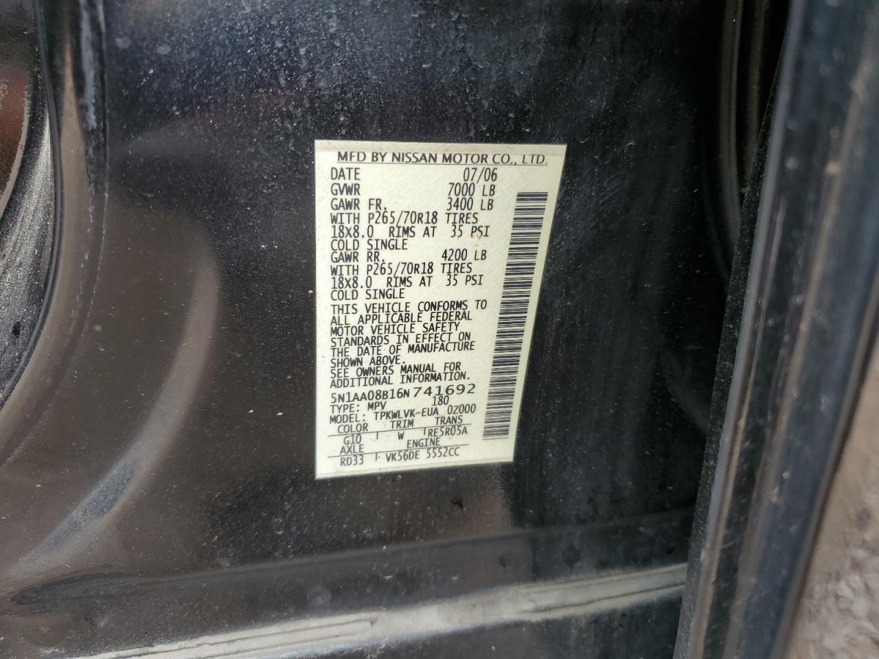 2006 Nissan Armada Se VIN: 5N1AA08B16N741692 Lot: 67347295