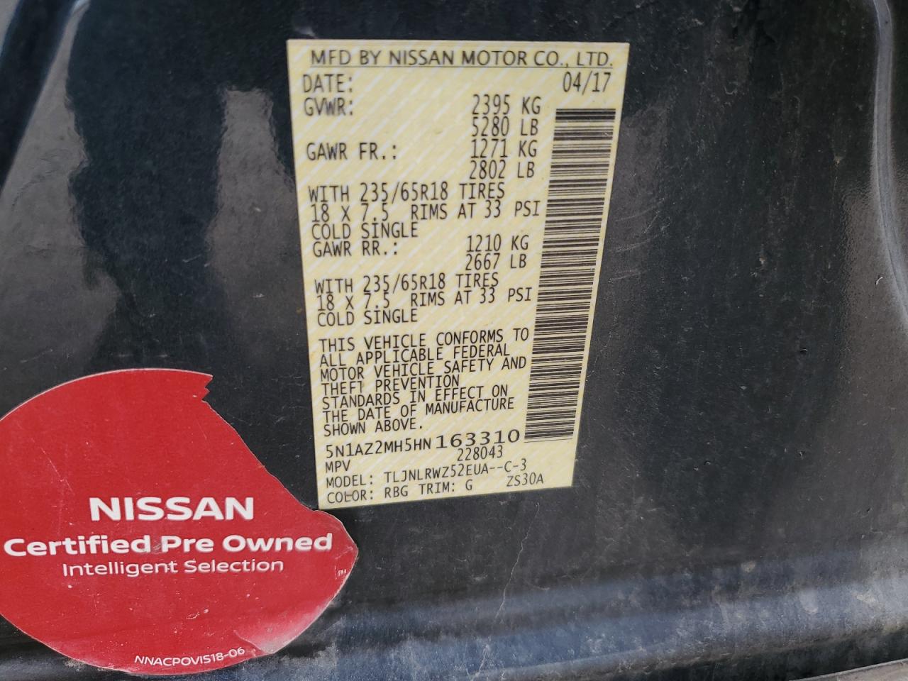 2017 Nissan Murano S VIN: 5N1AZ2MH5HN163310 Lot: 69605865