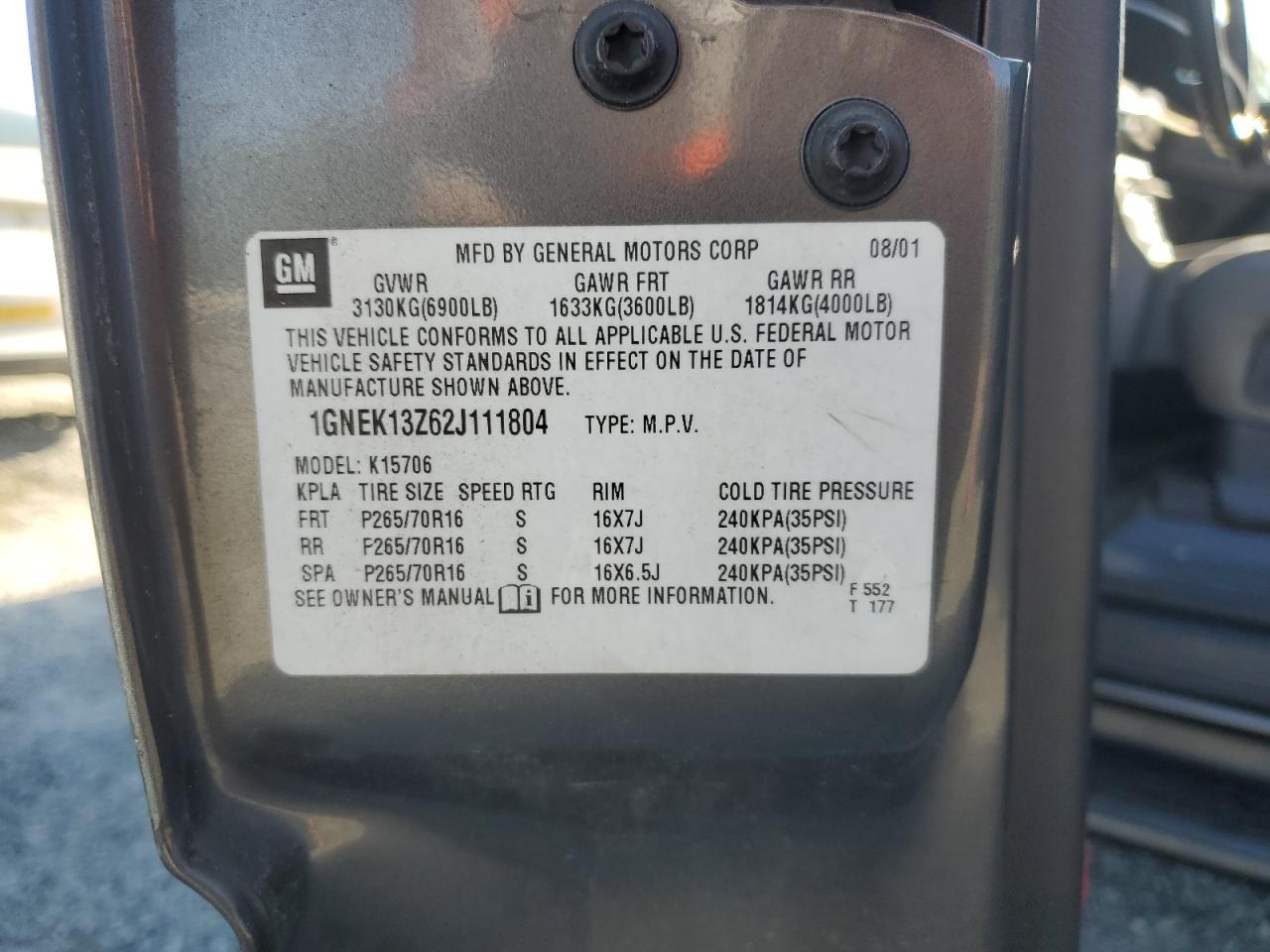 2002 Chevrolet Tahoe K1500 VIN: 1GNEK13Z62J111804 Lot: 68859255