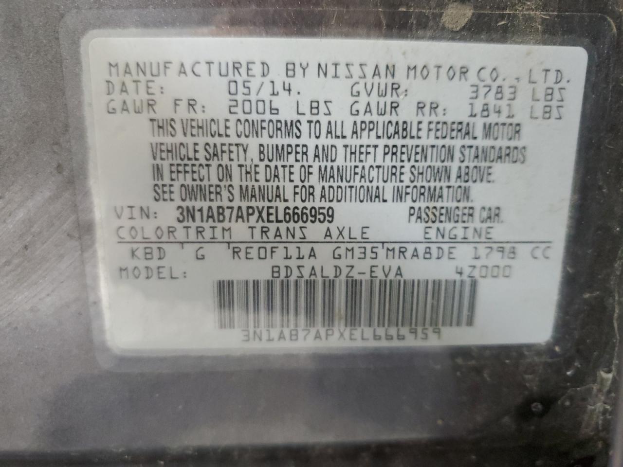 2014 Nissan Sentra S VIN: 3N1AB7APXEL666959 Lot: 70664255