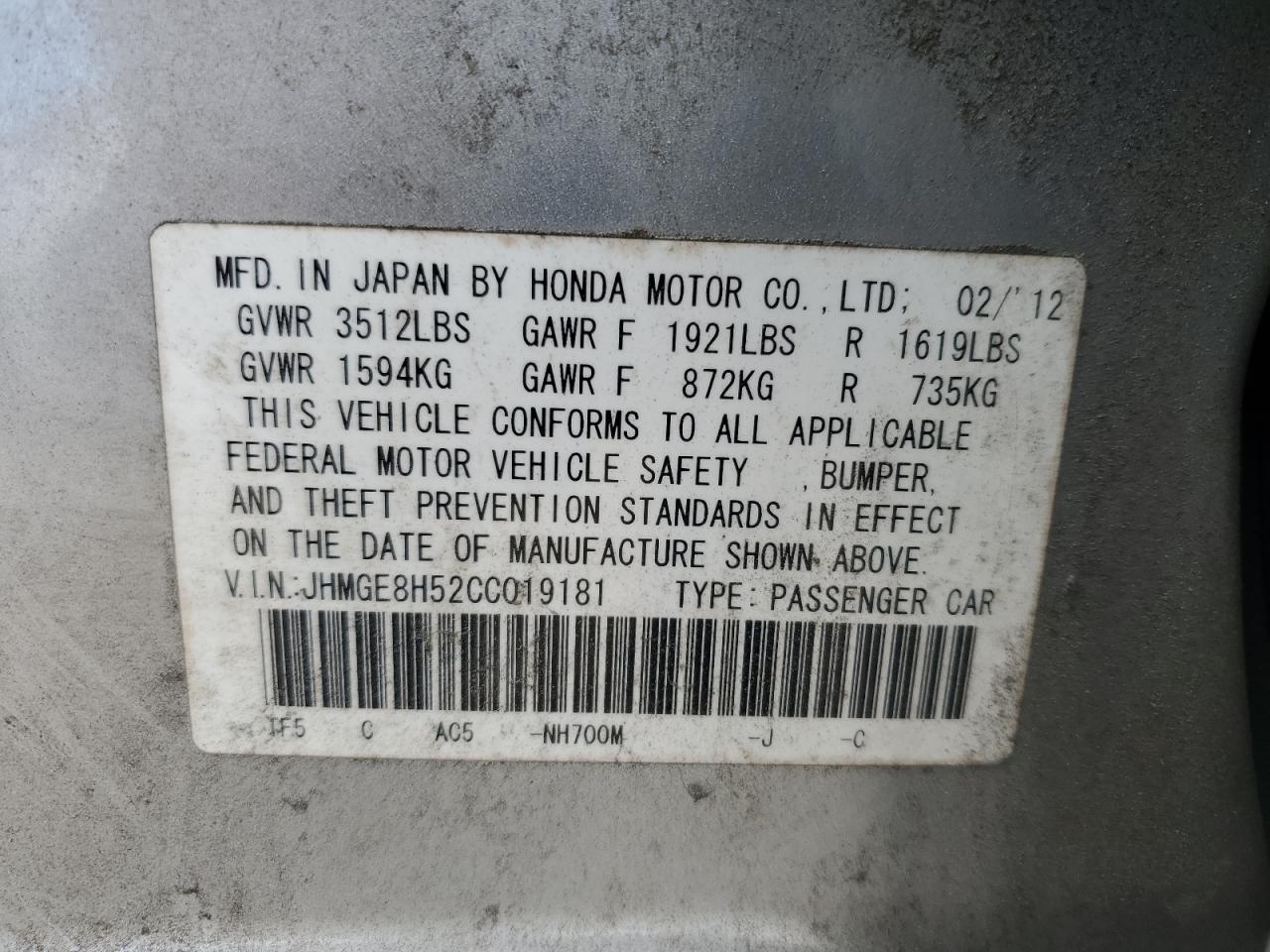 2012 Honda Fit Sport VIN: JHMGE8H52CC019181 Lot: 70528255