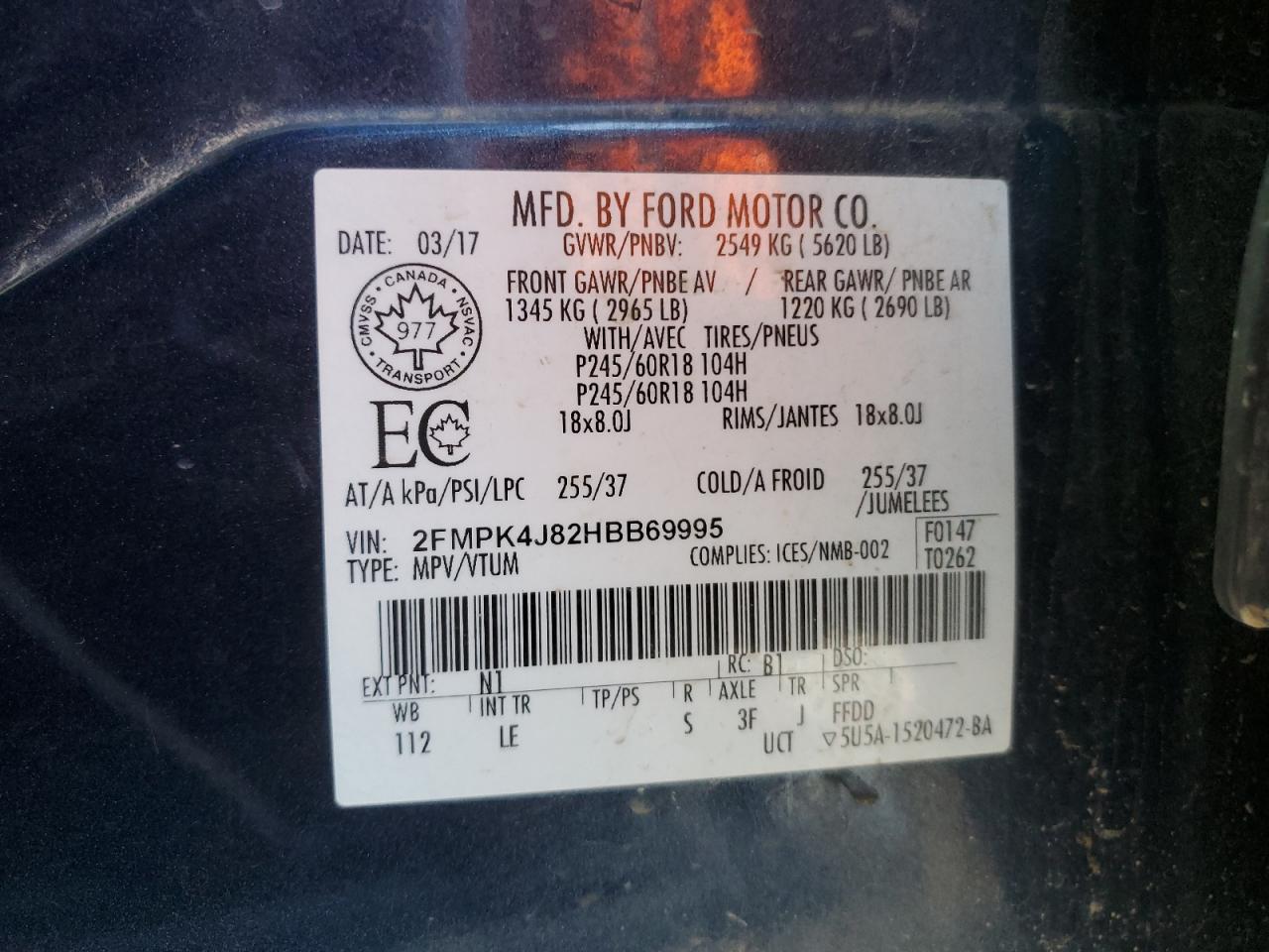 2017 Ford Edge Sel VIN: 2FMPK4J82HBB69995 Lot: 66142315