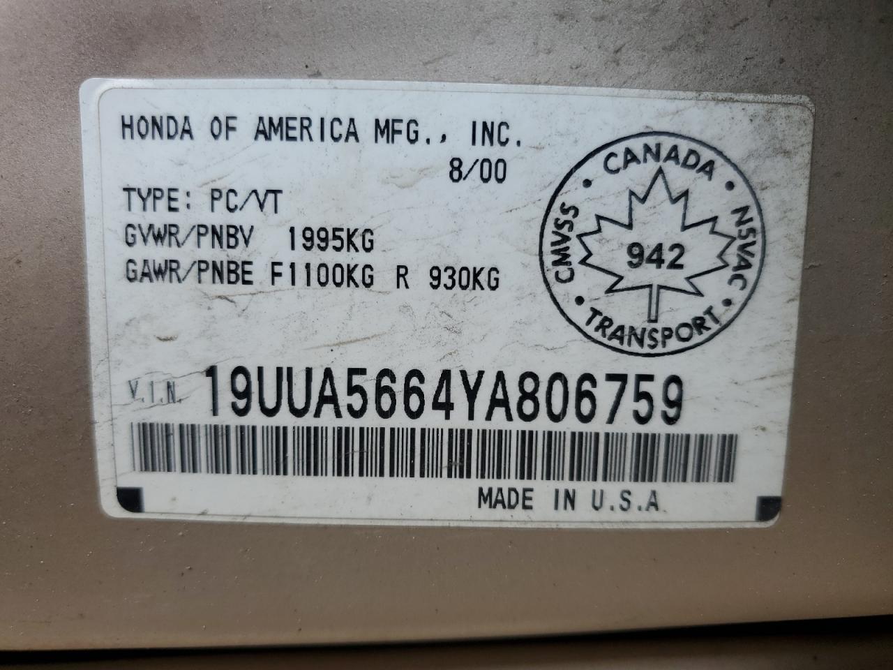 2000 Acura 3.2Tl VIN: 19UUA5664YA806759 Lot: 68923405
