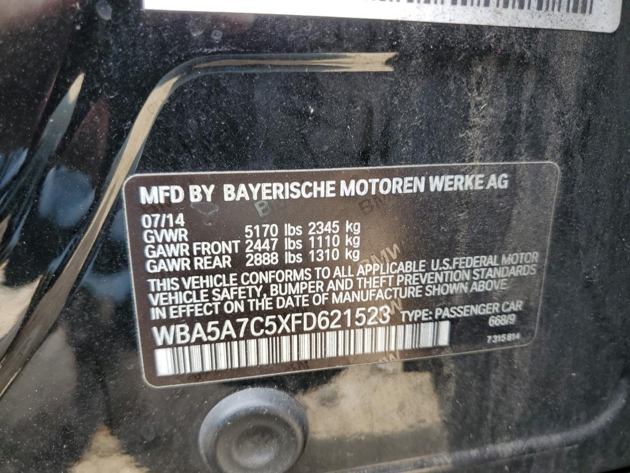 2015 BMW 528 Xi VIN: WBA5A7C5XFD621523 Lot: 67277635