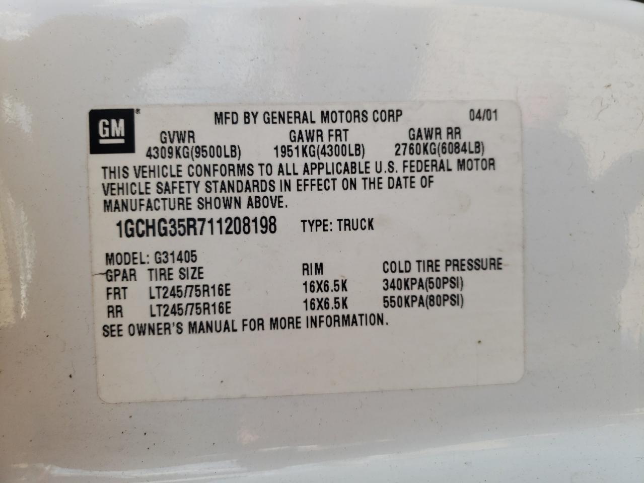 2001 Chevrolet Express G3500 VIN: 1GCHG35R711208198 Lot: 68793685