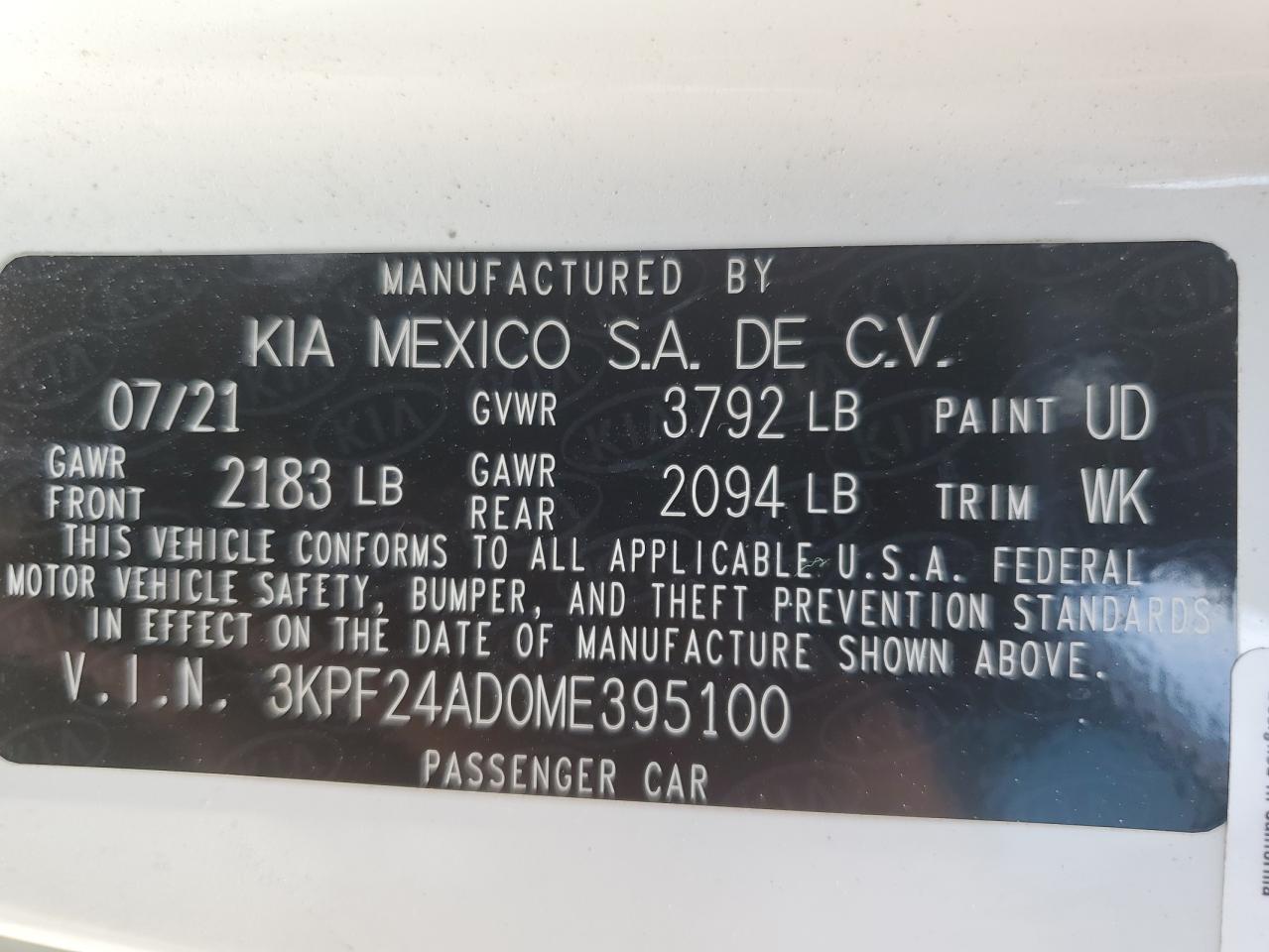 2021 Kia Forte Fe VIN: 3KPF24AD0ME395100 Lot: 68927105