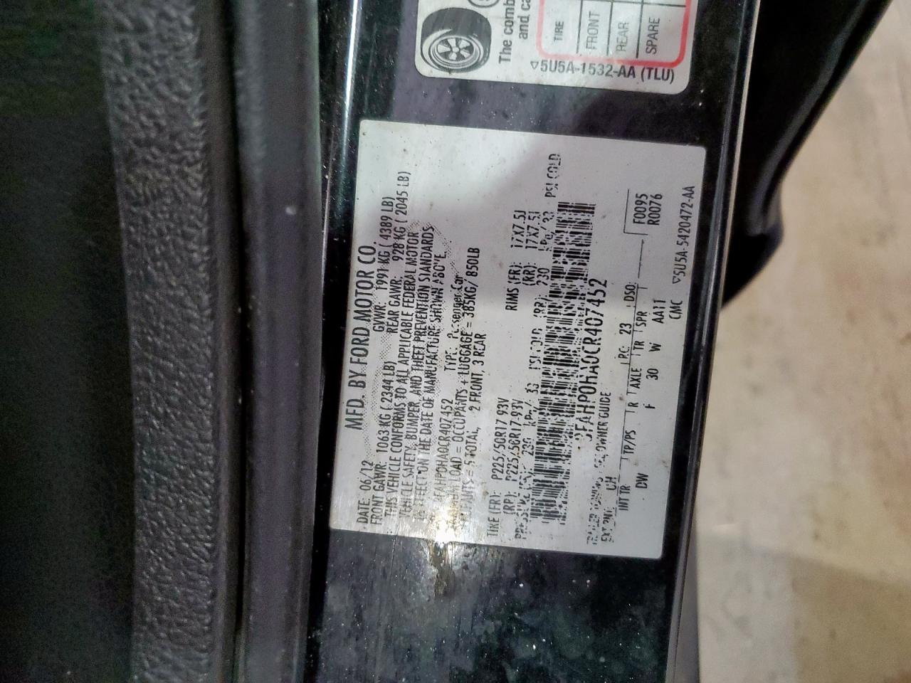 2012 Ford Fusion Se VIN: 3FAHP0HA0CR407452 Lot: 68402685