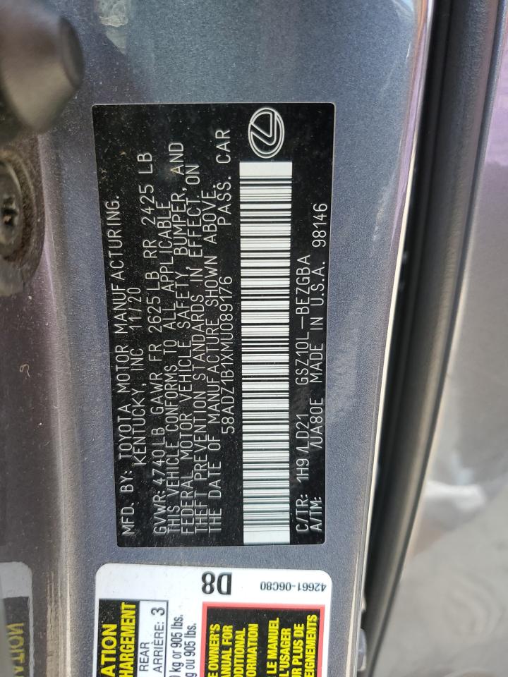 2021 Lexus Es 350 Base VIN: 58ADZ1B1XMU089176 Lot: 68013735