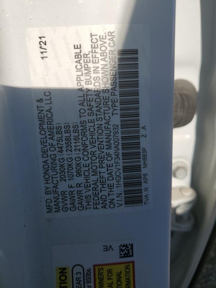 2022 Honda Accord Sport VIN: 1HGCV1F34NA007932 Lot: 69781585