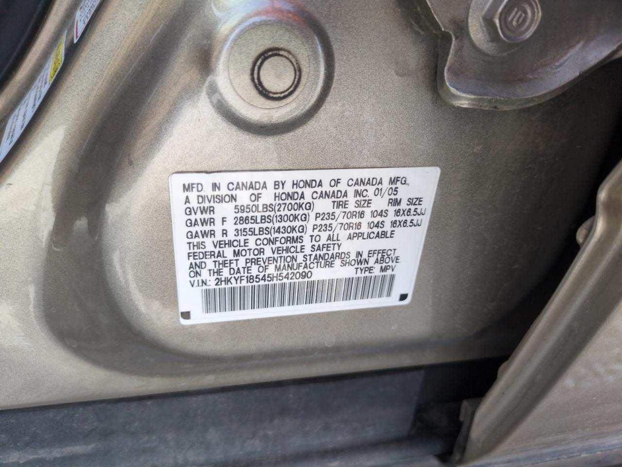 2005 Honda Pilot Exl VIN: 2HKYF18545H542090 Lot: 69970855