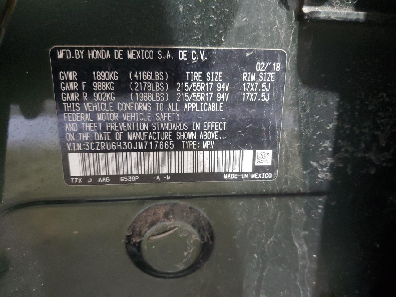 2018 Honda Hr-V Lx VIN: 3CZRU6H30JM717665 Lot: 68413745