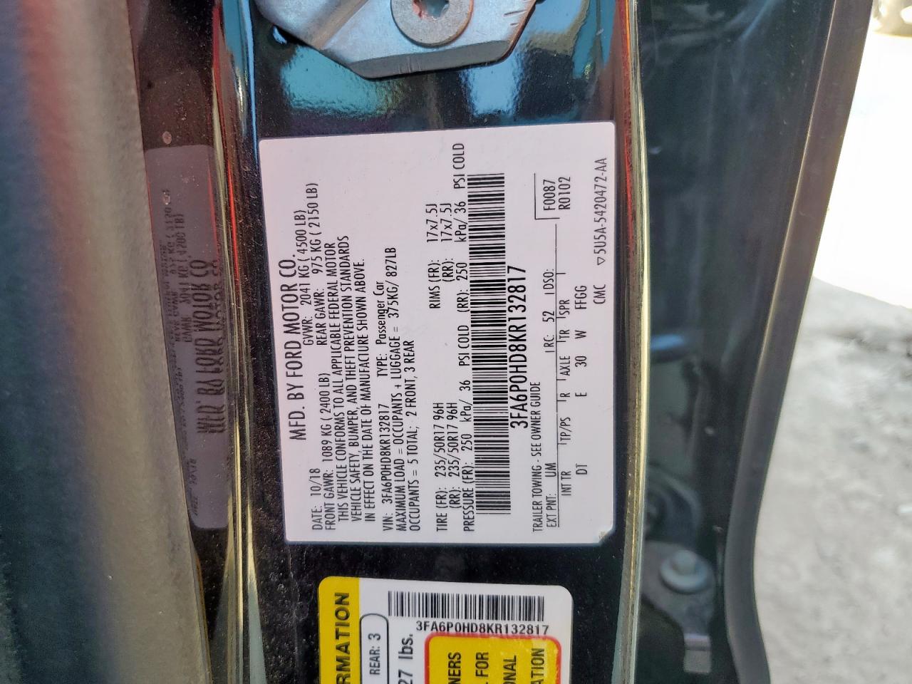2019 Ford Fusion Se VIN: 3FA6P0HD8KR132817 Lot: 70055805