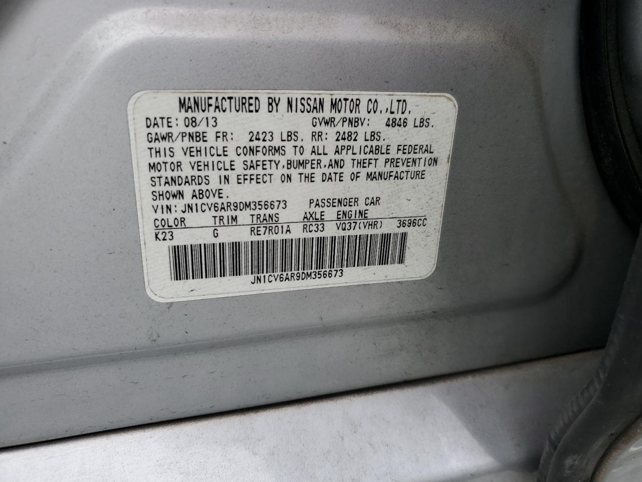 2013 Infiniti G37 VIN: JN1CV6AR9DM356673 Lot: 68664325