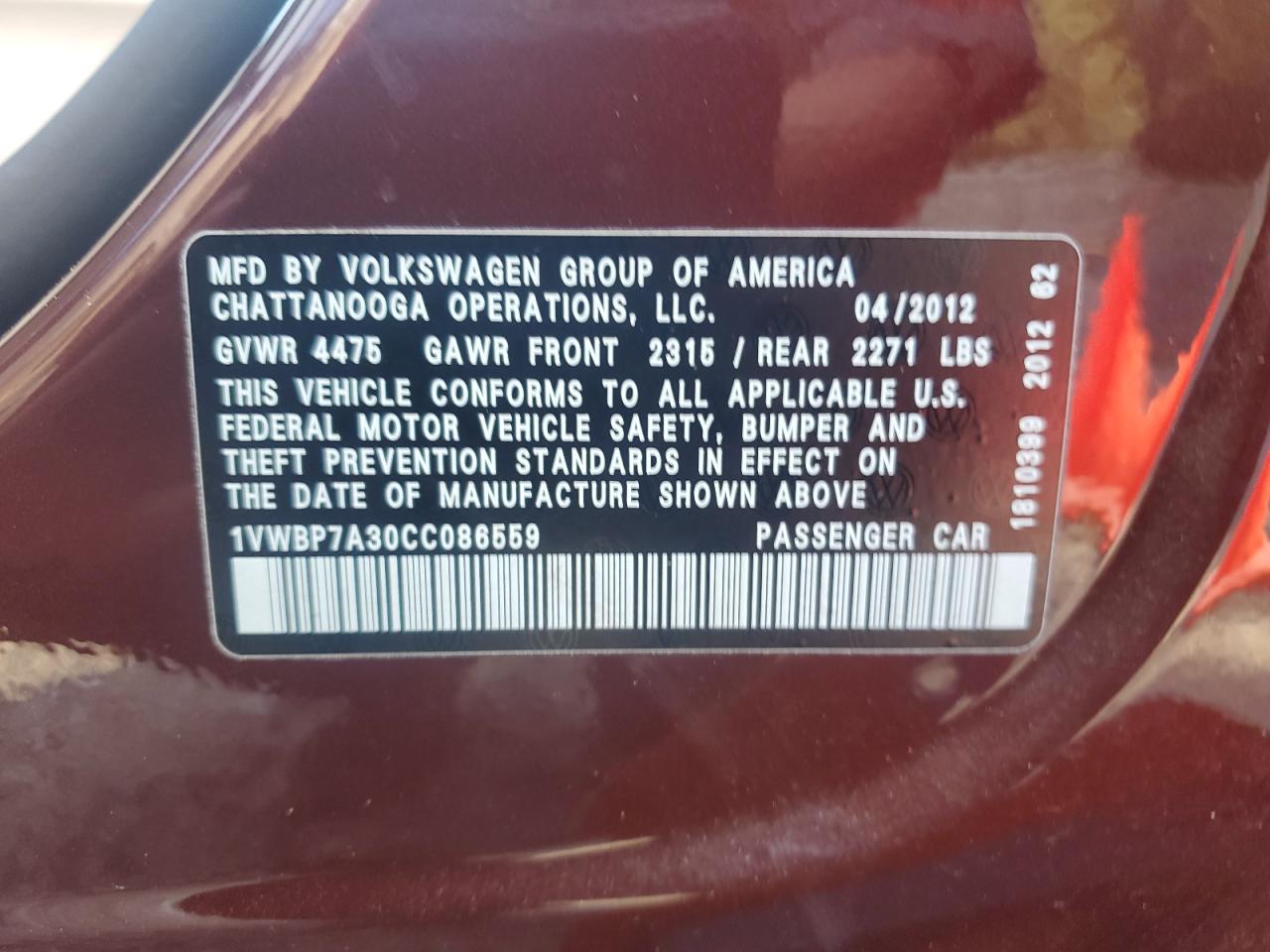 2012 Volkswagen Passat Se VIN: 1VWBP7A30CC086559 Lot: 70354385