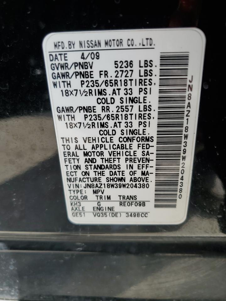 2009 Nissan Murano S VIN: JN8AZ18W39W204380 Lot: 70497605