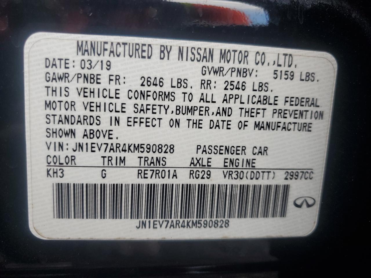 2019 Infiniti Q50 Luxe VIN: JN1EV7AR4KM590828 Lot: 67740795