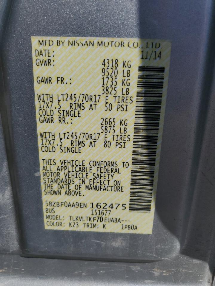 2014 Nissan Nv 3500 S VIN: 5BZBF0AA9EN162475 Lot: 70522215