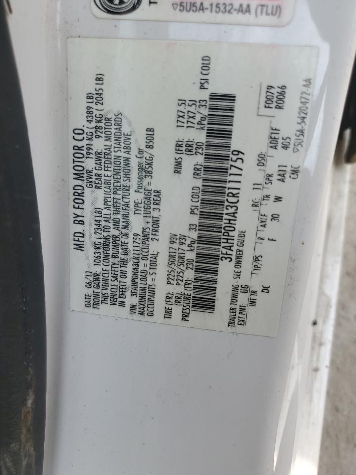 2012 Ford Fusion Se VIN: 3FAHP0HA3CR111759 Lot: 68828425