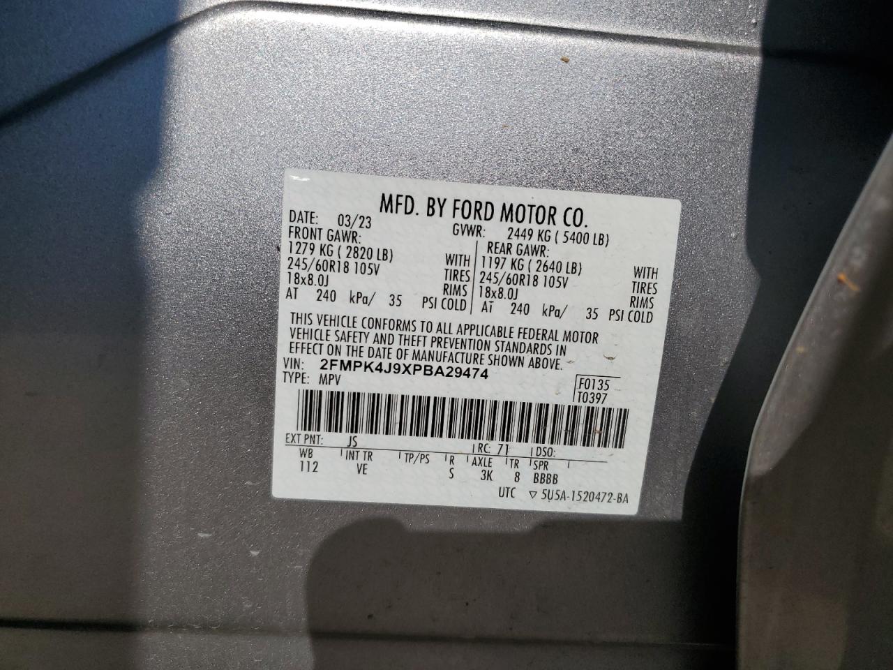 2023 Ford Edge Sel VIN: 2FMPK4J9XPBA29474 Lot: 67533805