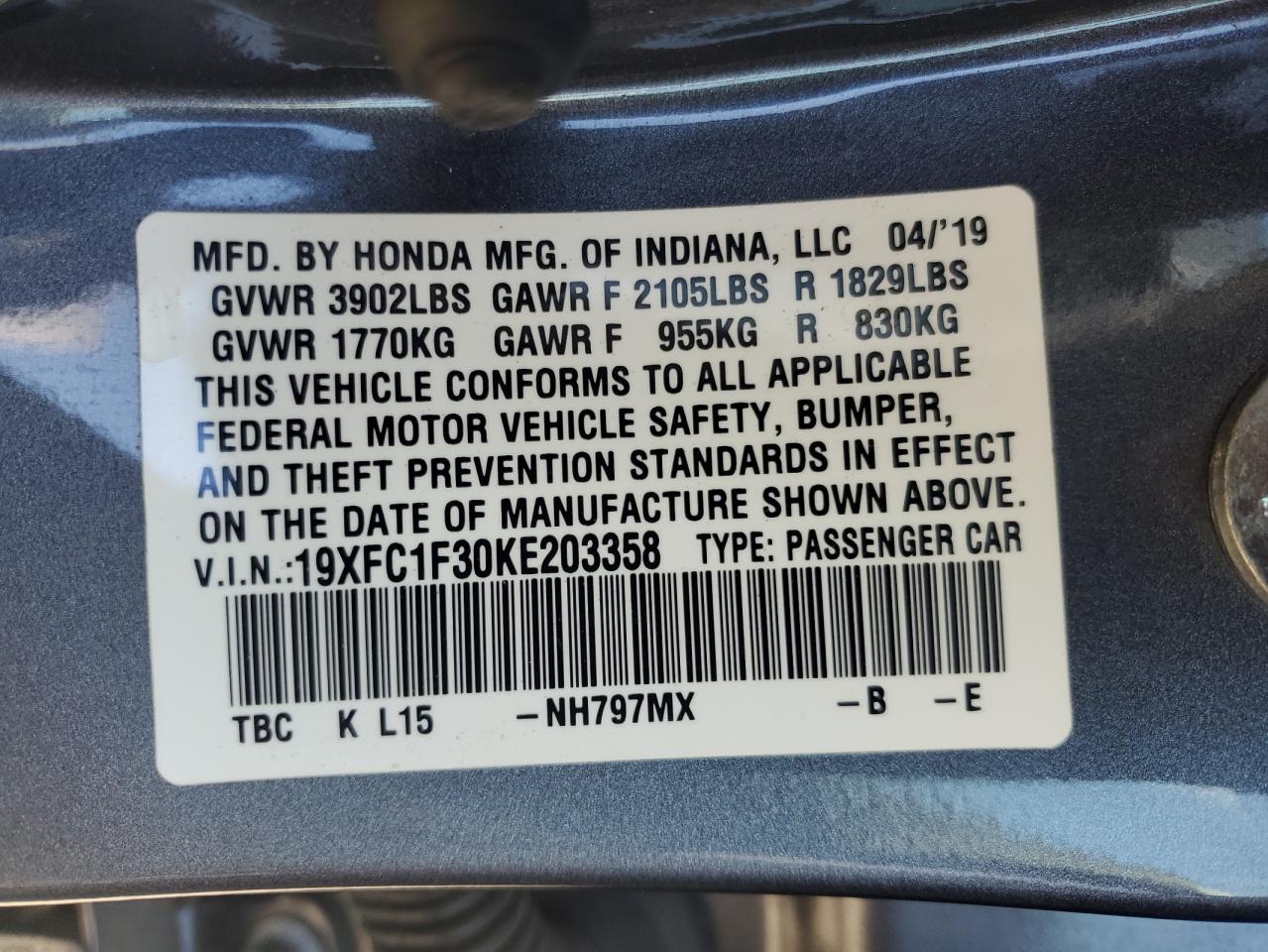 2019 Honda Civic Ex VIN: 19XFC1F30KE203358 Lot: 69520485