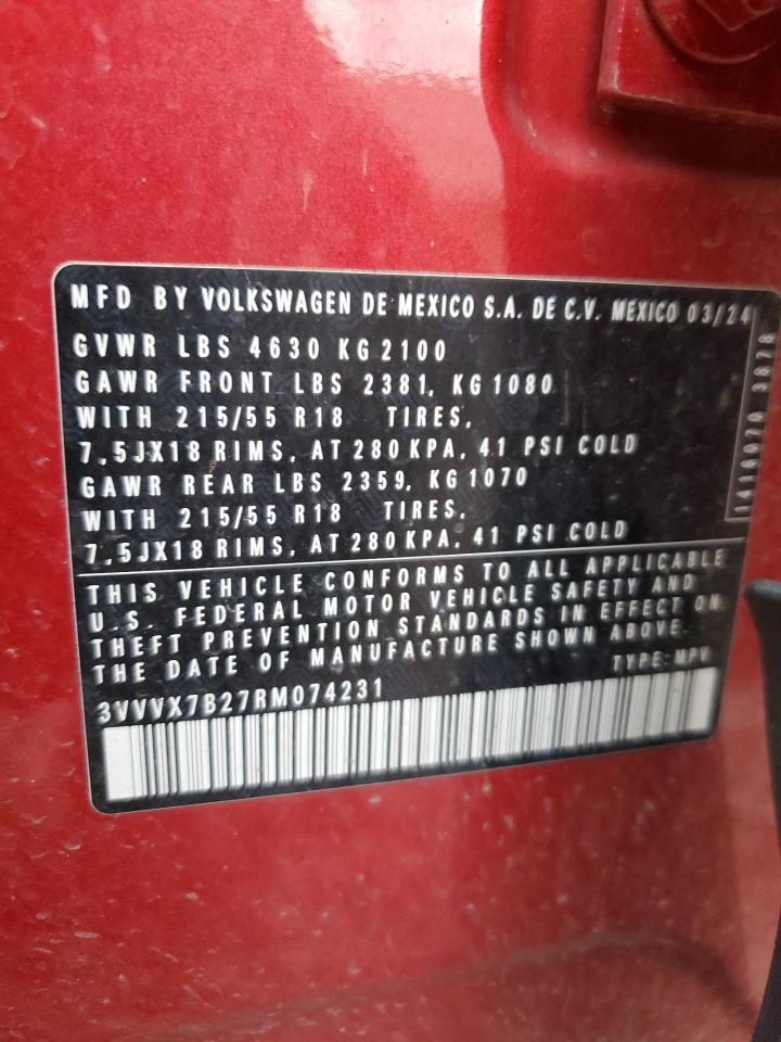 2024 Volkswagen Taos Se VIN: 3VVVX7B27RM074231 Lot: 68372285