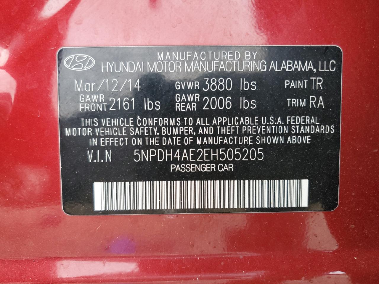 2014 Hyundai Elantra Se VIN: 5NPDH4AE2EH505205 Lot: 69387615