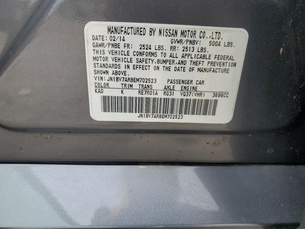 2014 Infiniti Q50 Base VIN: JN1BV7AR8EM702523 Lot: 70884865