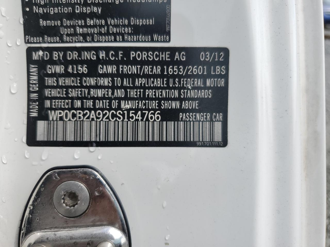 2012 Porsche 911 Carrera S VIN: WP0CB2A92CS154766 Lot: 70206265