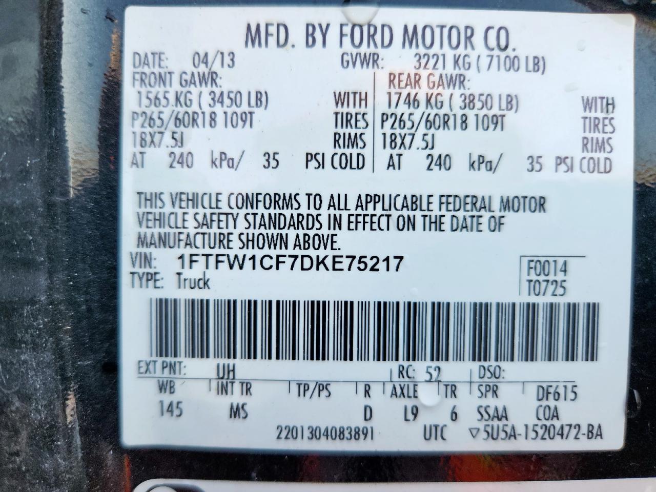 2013 Ford F150 Supercrew VIN: 1FTFW1CF7DKE75217 Lot: 69984775