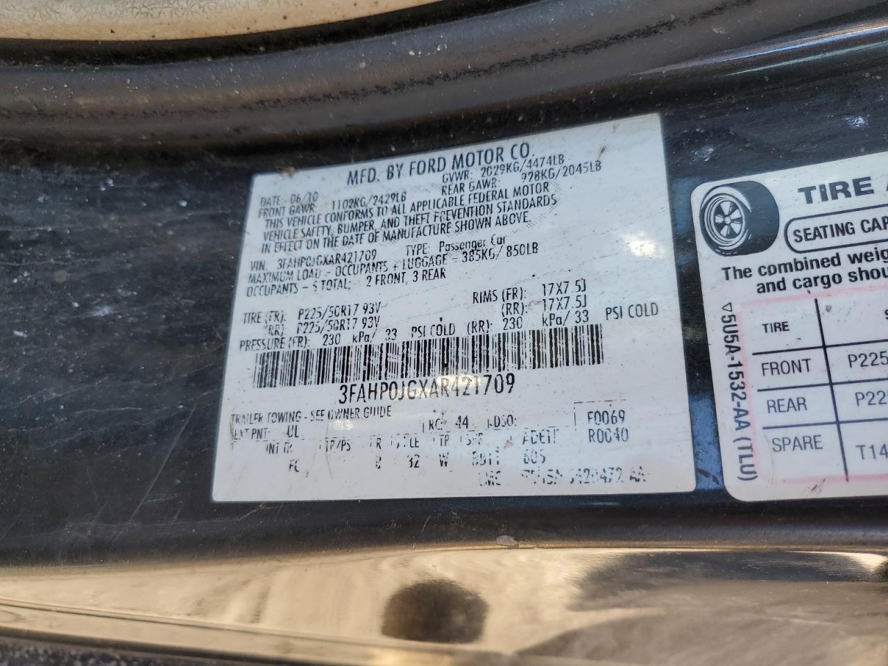 2010 Ford Fusion Sel VIN: 3FAHP0JGXAR421709 Lot: 70118525